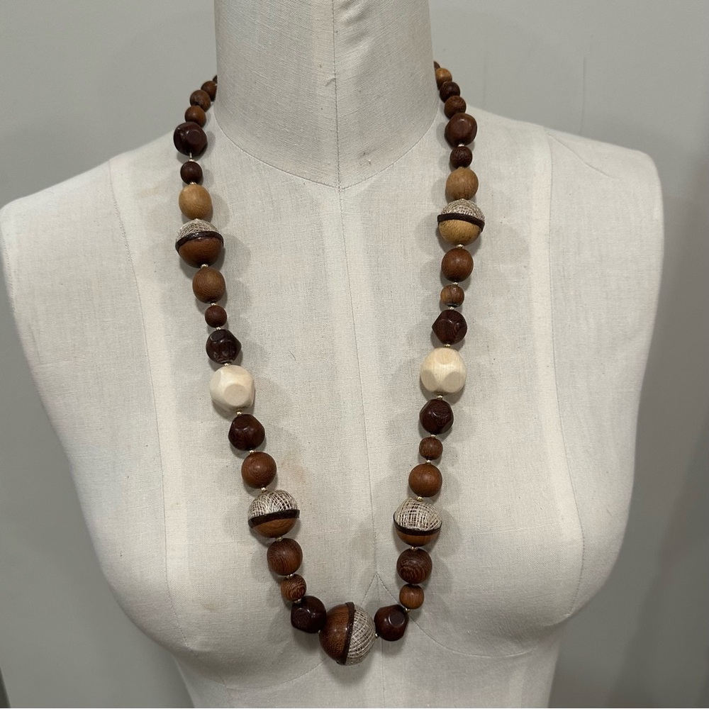 Vintage Large Wood Bead Long Necklace Brown and Cream Boho Unique New